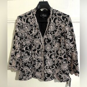 Alex  Evenings Black and Cream Floral Embroidered 3/4 sleeves Lace Jacket